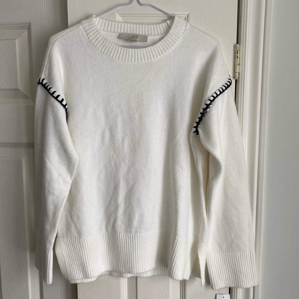 NWT LOFT Women's White Sweater with Black Stitching Trim XS